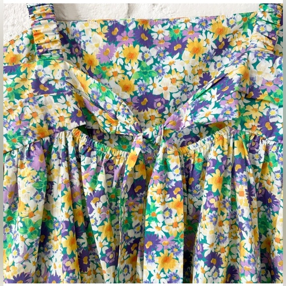 NWT Zara Floral Mini Dress Bow Tie Back Ruched Spaghetti Straps - Picture 6 of 8